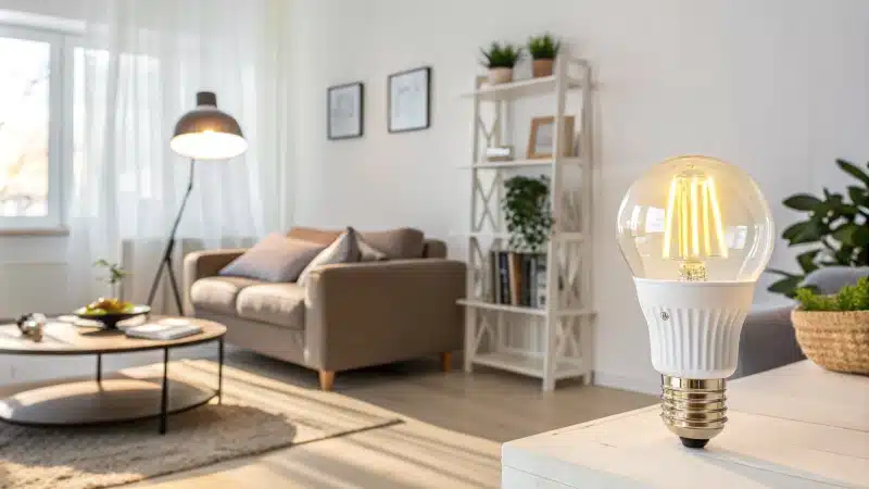 A modern living room with two types of light bulbs.