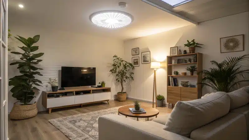 A cozy modern living room with a bright LED spotlight