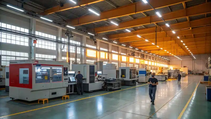 A modern manufacturing facility with high-tech machinery and workers.