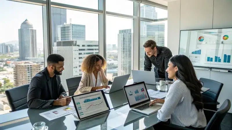 A diverse group of professionals collaborating in a modern office setting