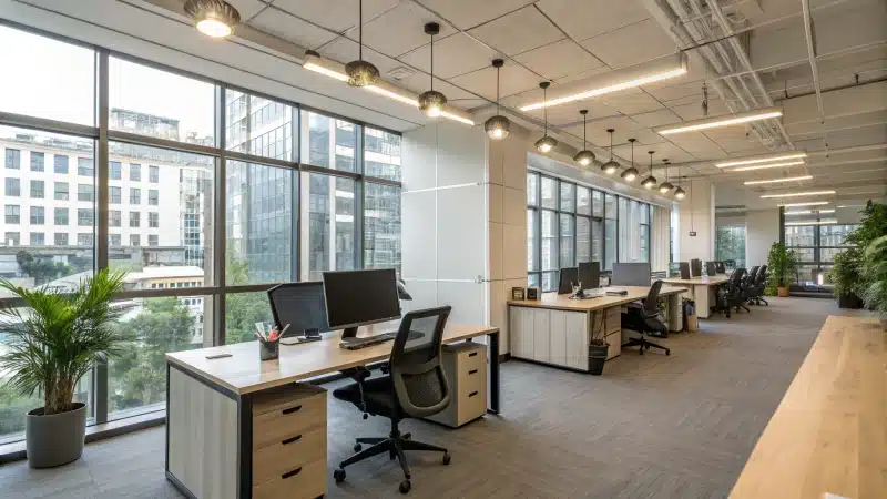 A modern office with LED lighting and large windows