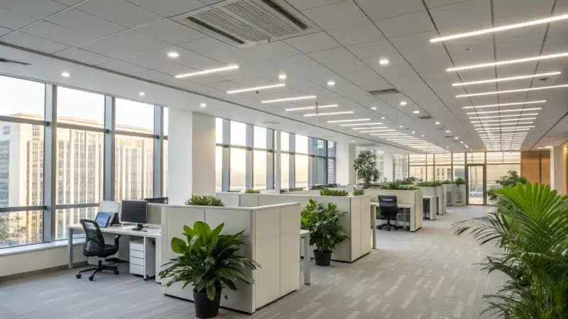 A modern office interior with LED lighting and green plants.