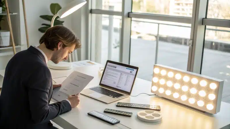 Business professional reviewing LED lighting certification documents at a desk