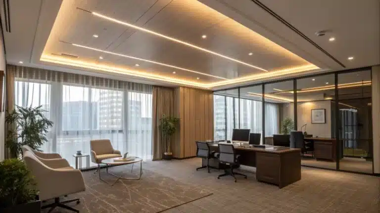 A modern office space with LED lighting and sleek furniture.