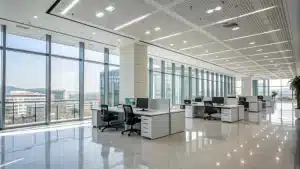 Modern commercial office space with LED lighting and large windows