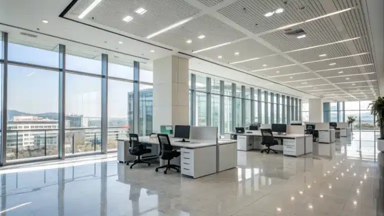 Modern commercial office space with LED lighting and large windows