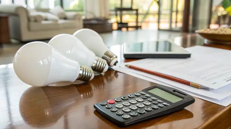 A modern workspace with LED light bulbs and a digital calculator on a wooden table