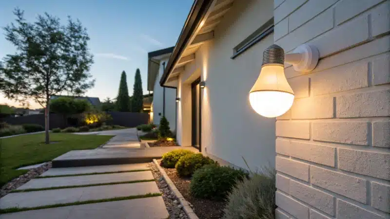 Close-up of a motion sensor LED bulb illuminating a pathway