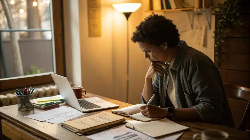 A person sitting at a desk contemplating a career change