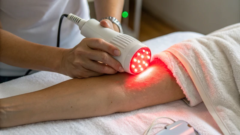 Therapist applying near-infrared light therapy on a patient's right arm.