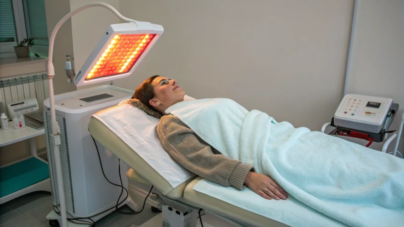 A patient receiving near-infrared therapy in a calming clinical environment.