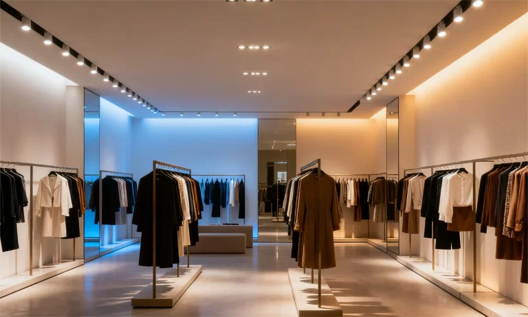 Modern luxury clothing store with minimalist design, track lighting, fashion displays, and contrasting blue accent lighting