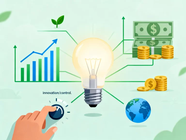 Business innovation concept illustration with light bulb connected to growth charts, money, and global symbols