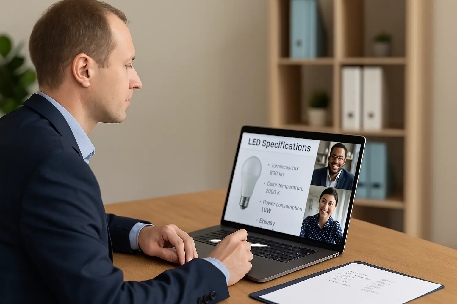 Man in a video conference viewing LED specifications on laptop screen