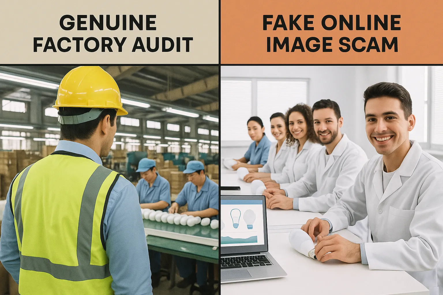 Comparison of genuine factory audit with real production line versus fake online image scam
