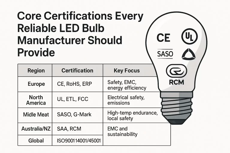 Infographic showing LED certification table and light bulb labeled with CE, UL, SASO, and RCM logos representing global standards