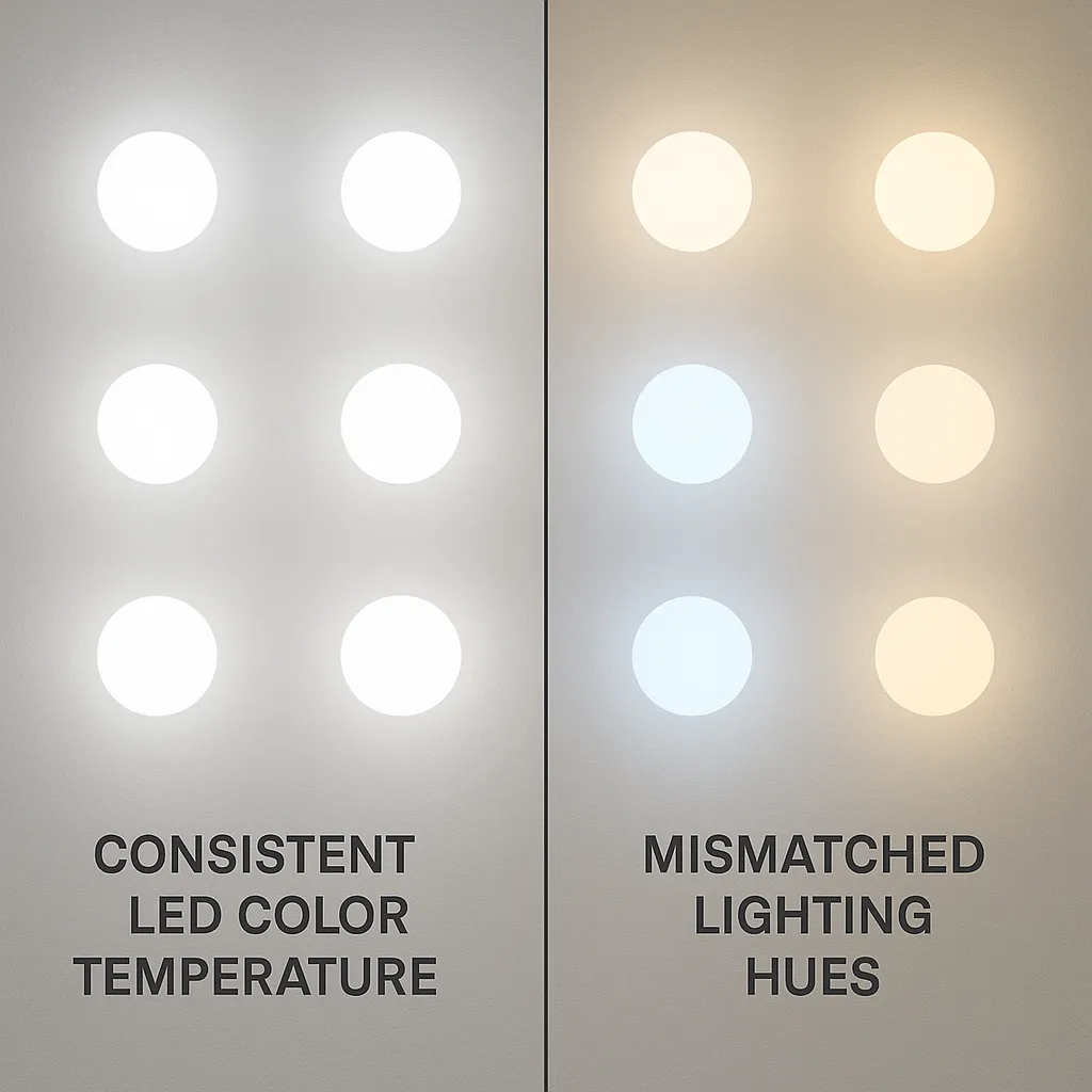 Comparison of consistent LED color temperature versus mismatched lighting hues