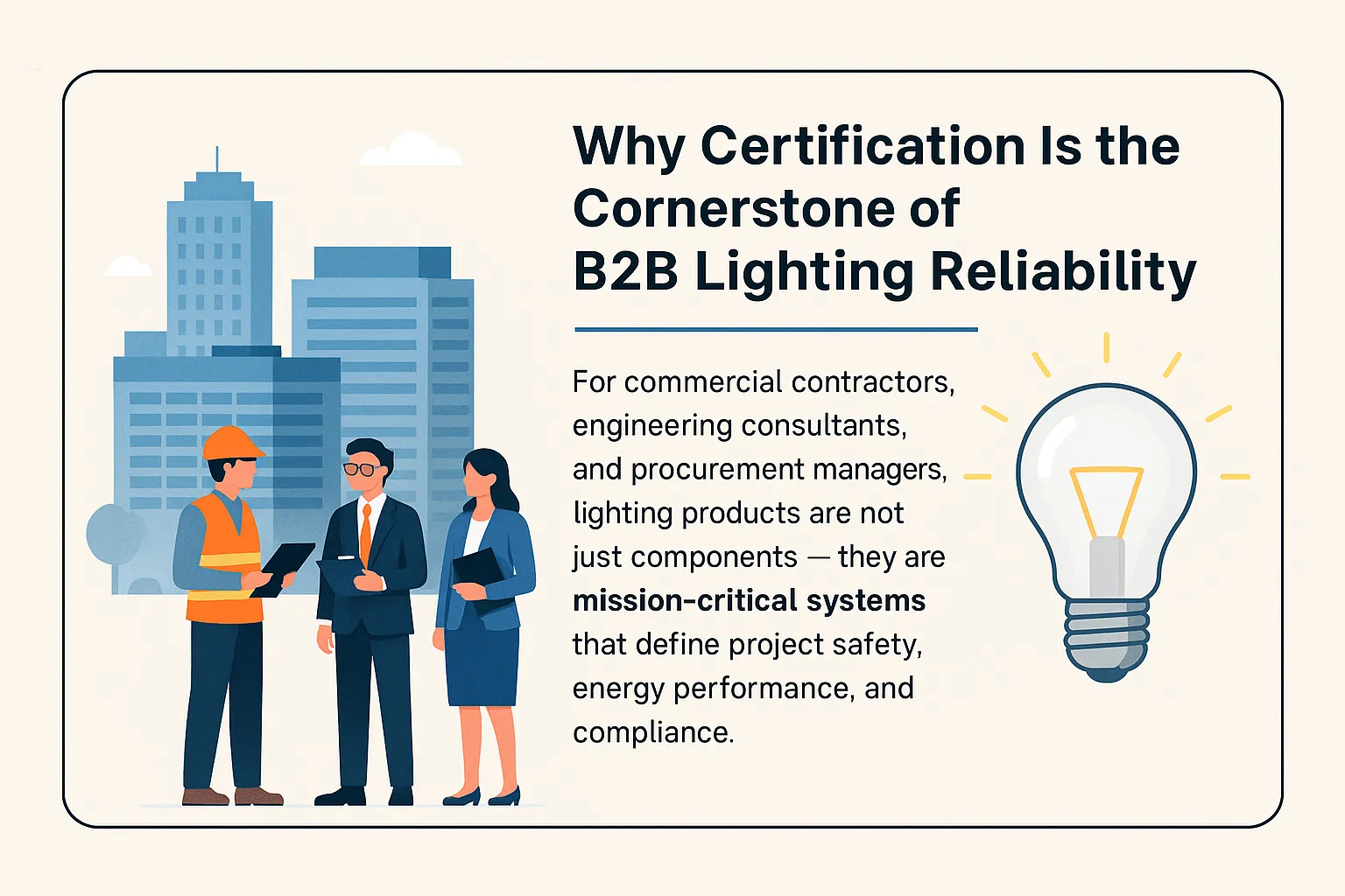 Infographic showing business professionals discussing LED project certifications emphasizing reliability and compliance in B2B lighting