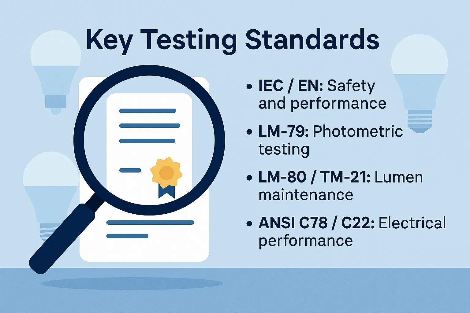 Infographic listing LED testing standards IEC, LM-79, LM-80, TM-21, and ANSI for safety and performance