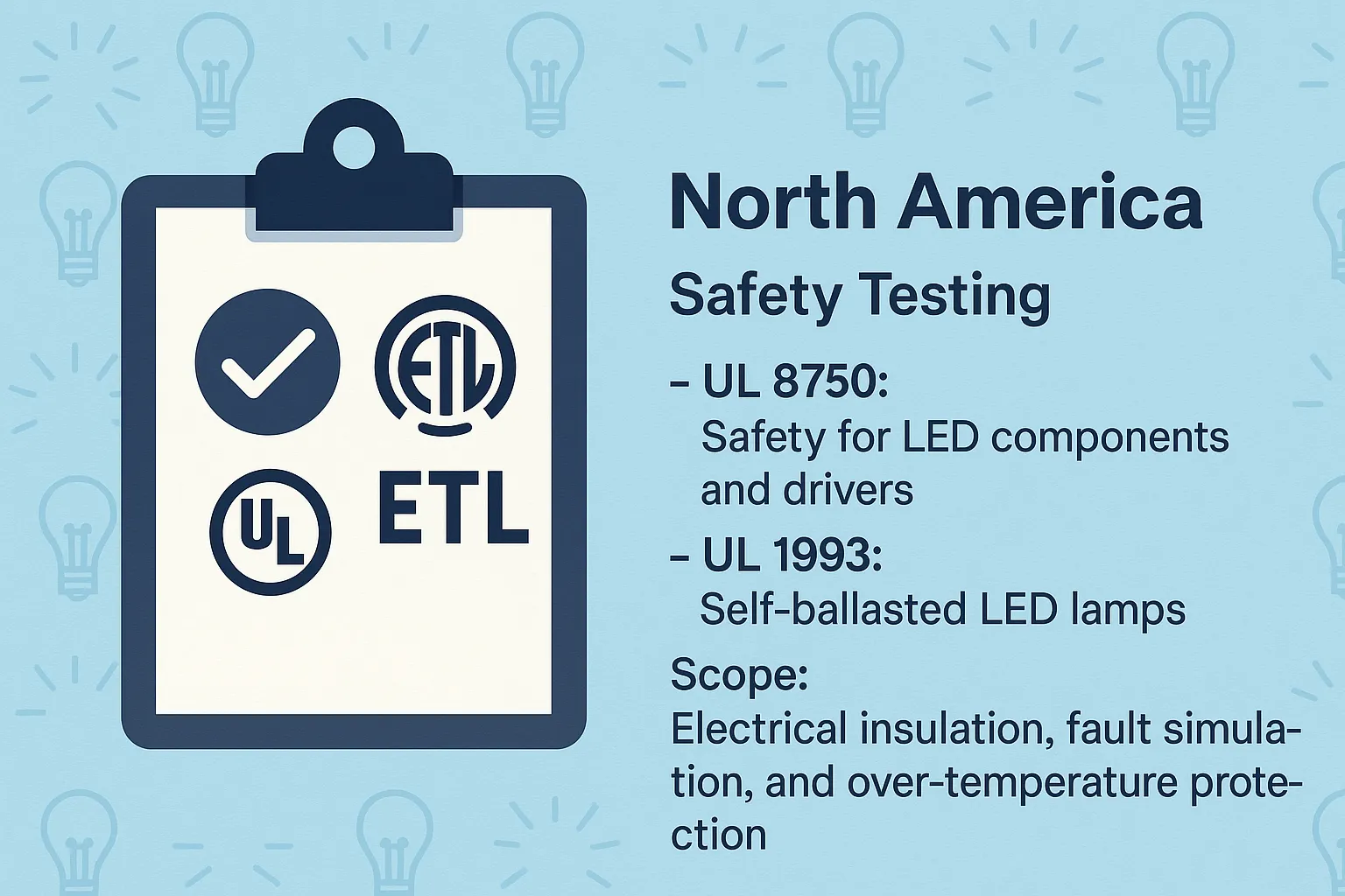Infographic explaining UL and ETL safety standards for North America LED testing including UL 8750 and UL 1993