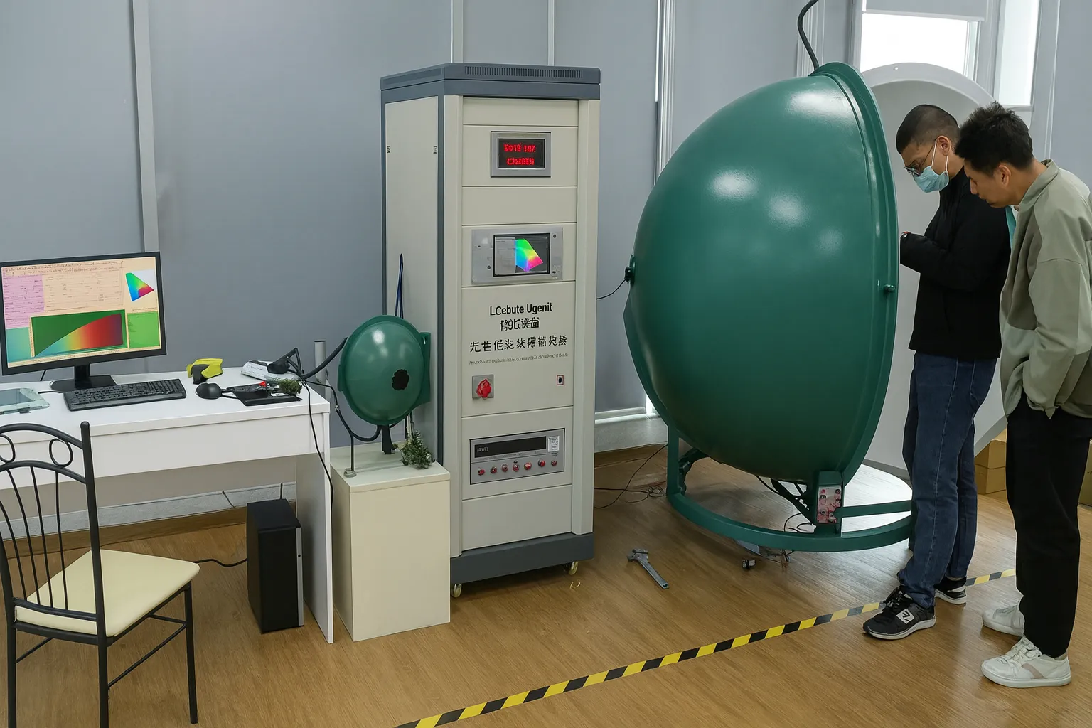 Technicians testing LED lights using a large integrating sphere in a laboratory