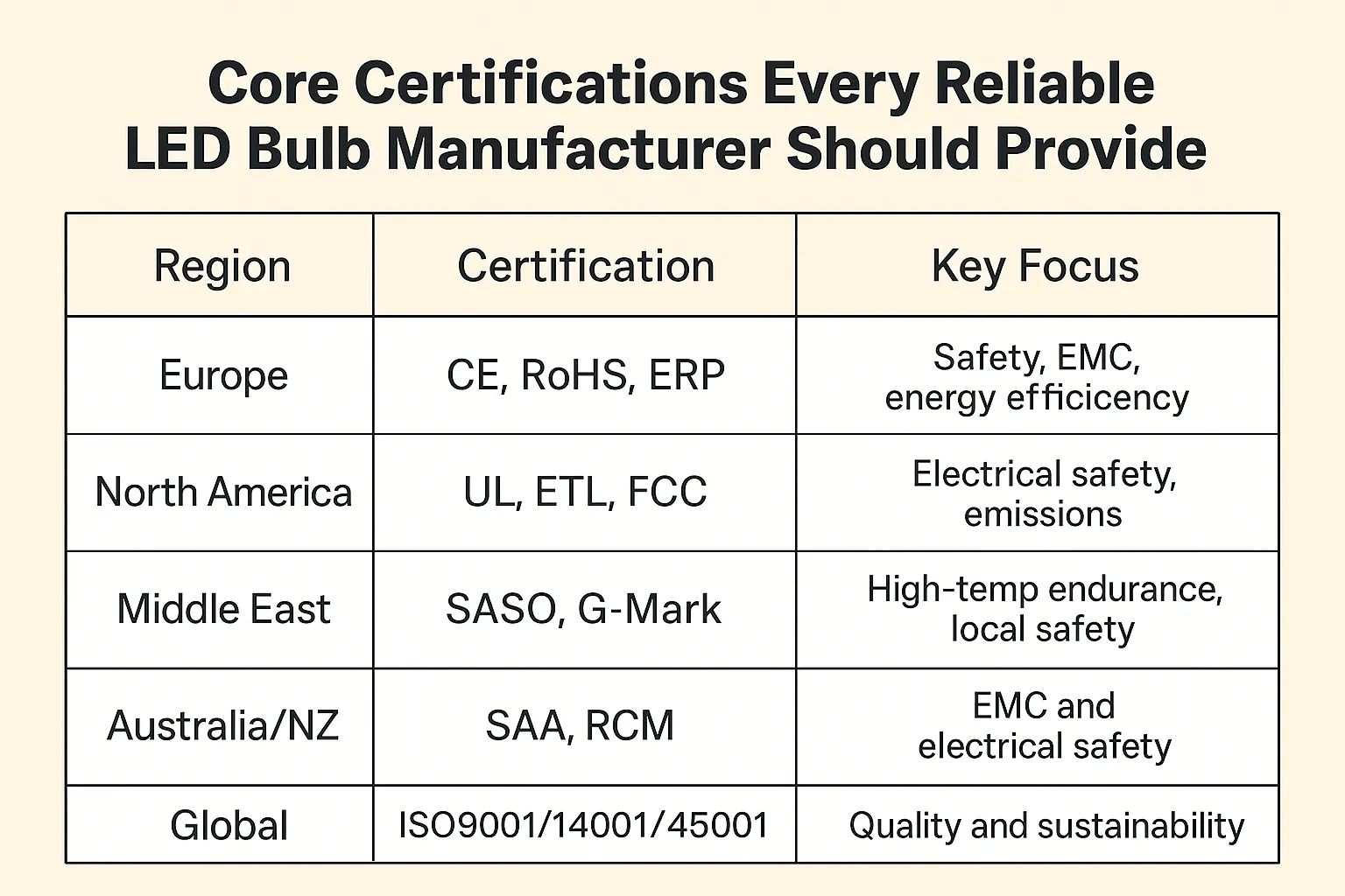 Table listing regional LED certifications including CE, RoHS, UL, ETL, SASO, RCM, and ISO with corresponding key focuses