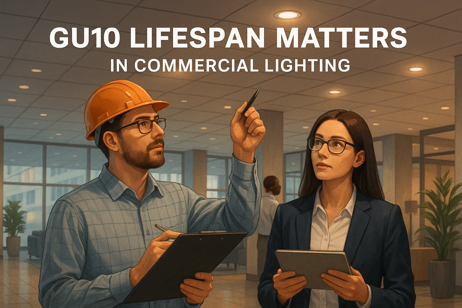 Illustration of engineers discussing commercial lighting with text highlighting GU10 lifespan importance