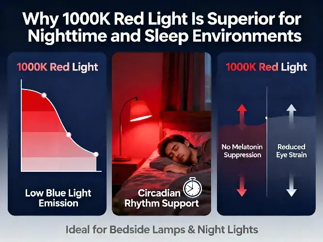 Infographic on why 1000K red light is superior for sleep, featuring low blue light emission, circadian rhythm support, no melatonin suppression, and reduced eye strain.