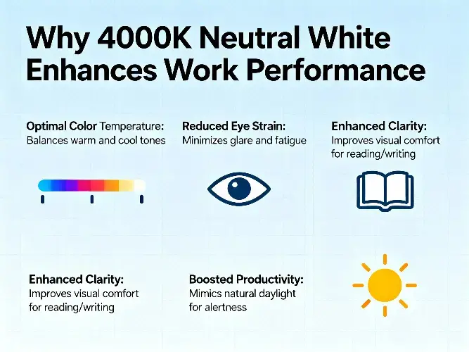 Infographic on why 4000K neutral white lighting enhances work performance by balancing warm and cool tones, reducing eye strain, improving reading clarity, and mimicking natural daylight.