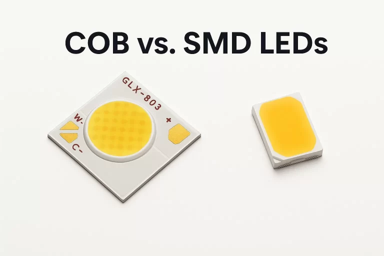 Comparison of COB and SMD LEDs showing their size, shape, and design differencesSelect 87 more words to run Humanizer.