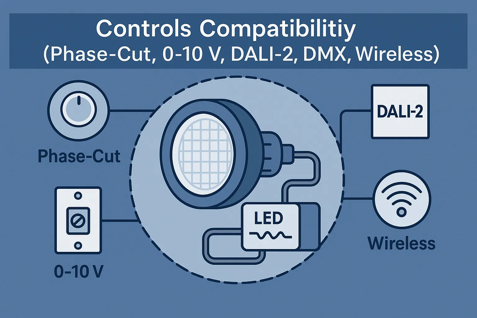 Diagram showing LED control compatibility with Phase-Cut, 0–10 V, DALI-2, DMX, and wireless systems connected to an LED driver