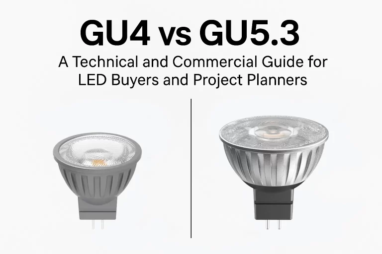Two LED spotlights side by side showing GU4 and GU5.3 base size comparison on a dark background.