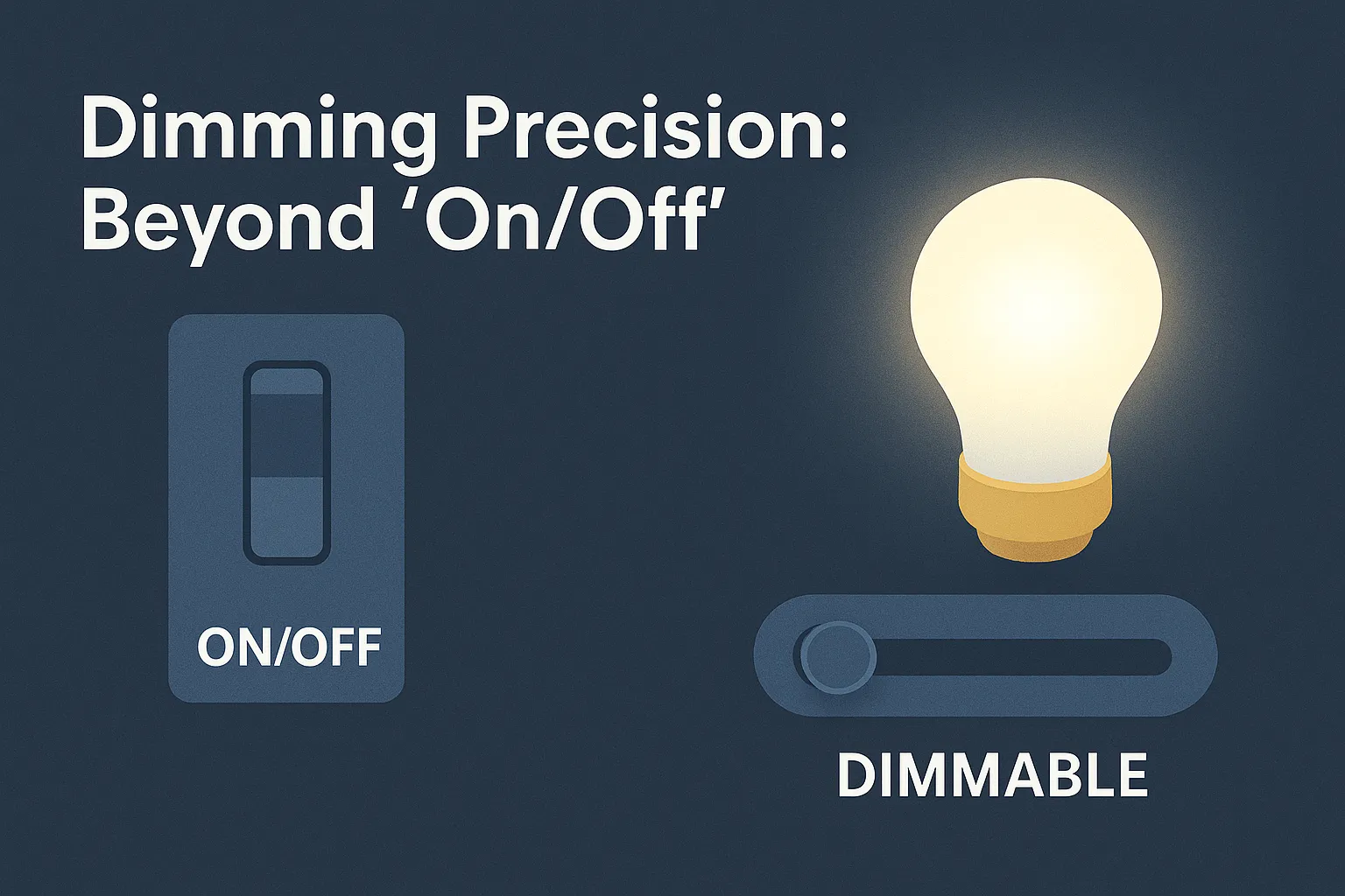 Comparison of on/off light switch and dimmable LED bulb with slider control illustrating smooth brightness adjustment