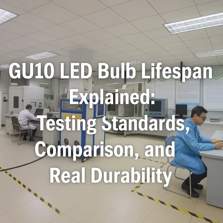 Laboratory with engineers testing GU10 LED bulbs, featuring overlay text about lifespan, standards, and durability comparison