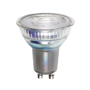 GU10 LED bulb with a clear lens, providing bright and efficient illumination.