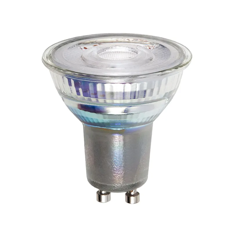 GU10 LED bulb with a clear lens, providing bright and efficient illumination.