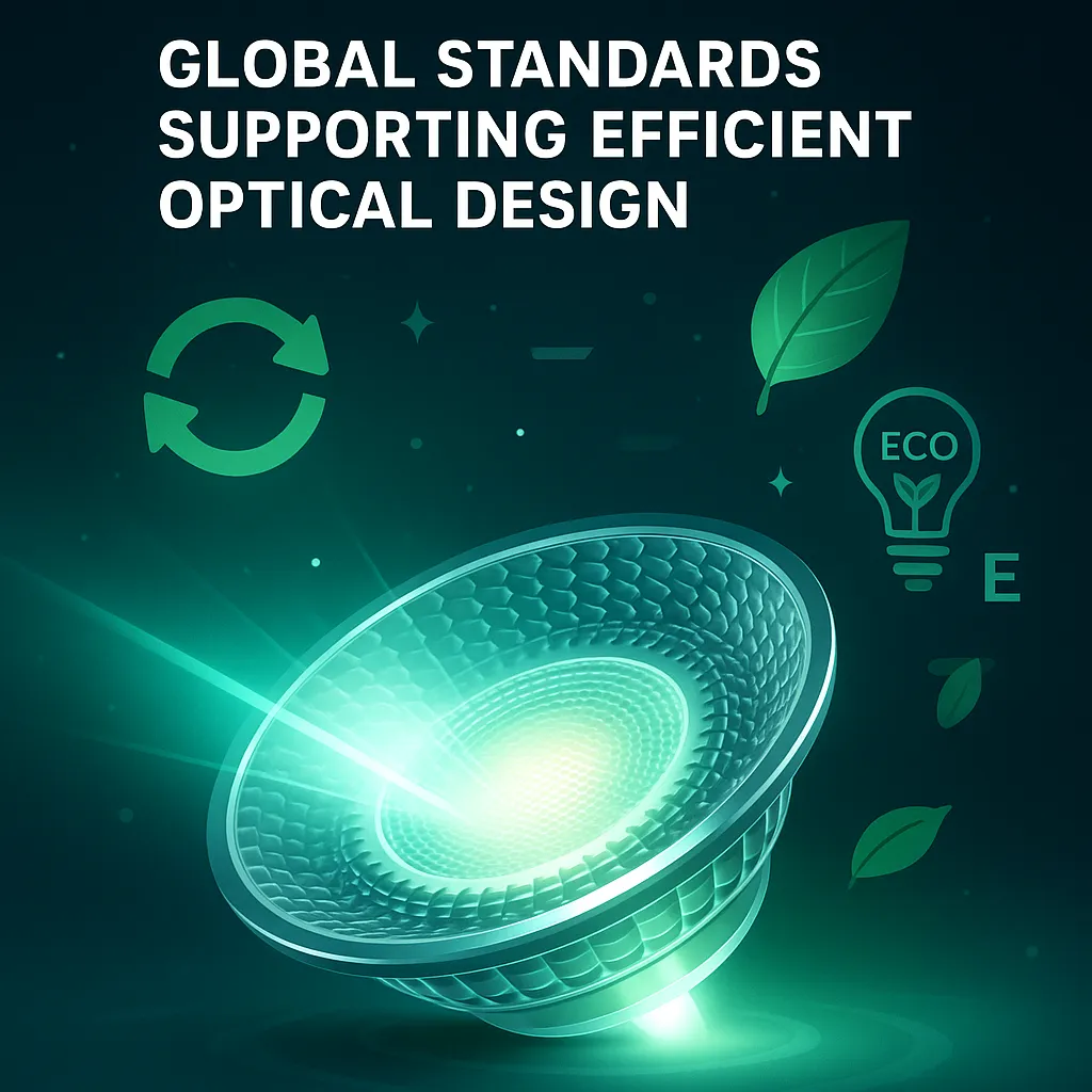 Illustration of LED optical lens with eco and recycling symbols representing global standards for efficient optical design