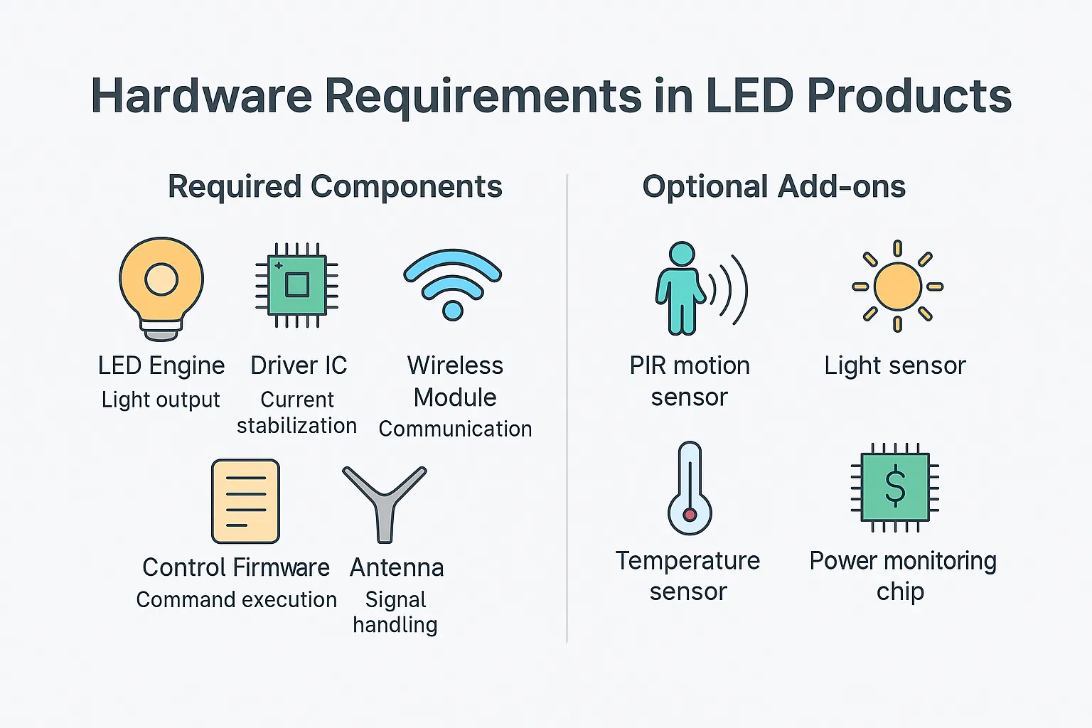 Infographic showing required and optional hardware components inside smart LED lighting products.