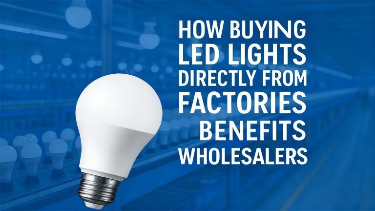 A modern 500×500 commercial-style photograph showing an LED manufacturing facility with finished LED bulbs on a clean production table. Clear factory lighting, organized assembly layout, and hands inspecting LED components emphasize the theme of factory-direct sourcing. The image visually represents efficient manufacturing, cost reduction, and quality assurance—matching the article about why wholesalers benefit from buying LED lights directly from factories.