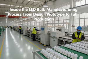 A view of an LED bulb manufacturing facility, featuring workers assembling LED components along a production line. The image shows two workers inspecting the bulbs as they pass through the machine, with bright windows providing natural light. The text overlay reads: "Inside the LED Bulb Manufacturing Process: From Design Prototype to Full Production."