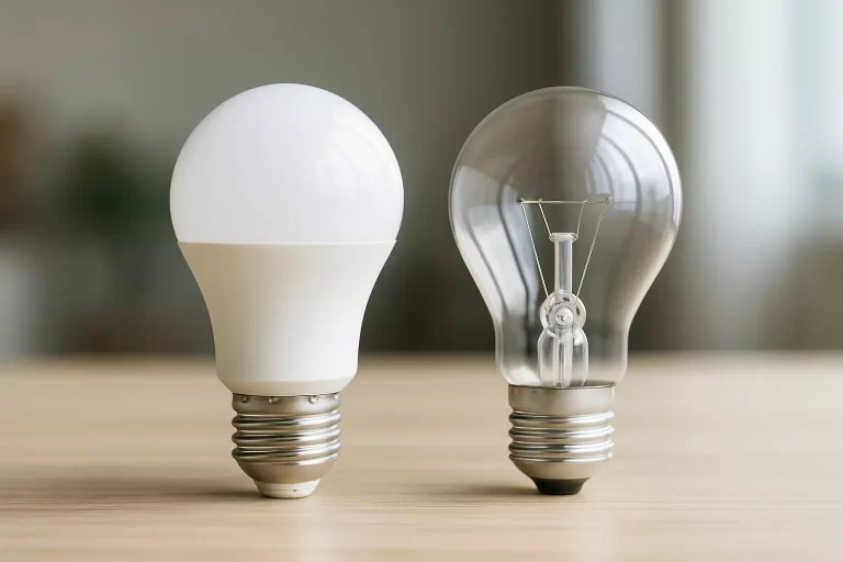 LED bulb and incandescent bulb side by side on a wooden table