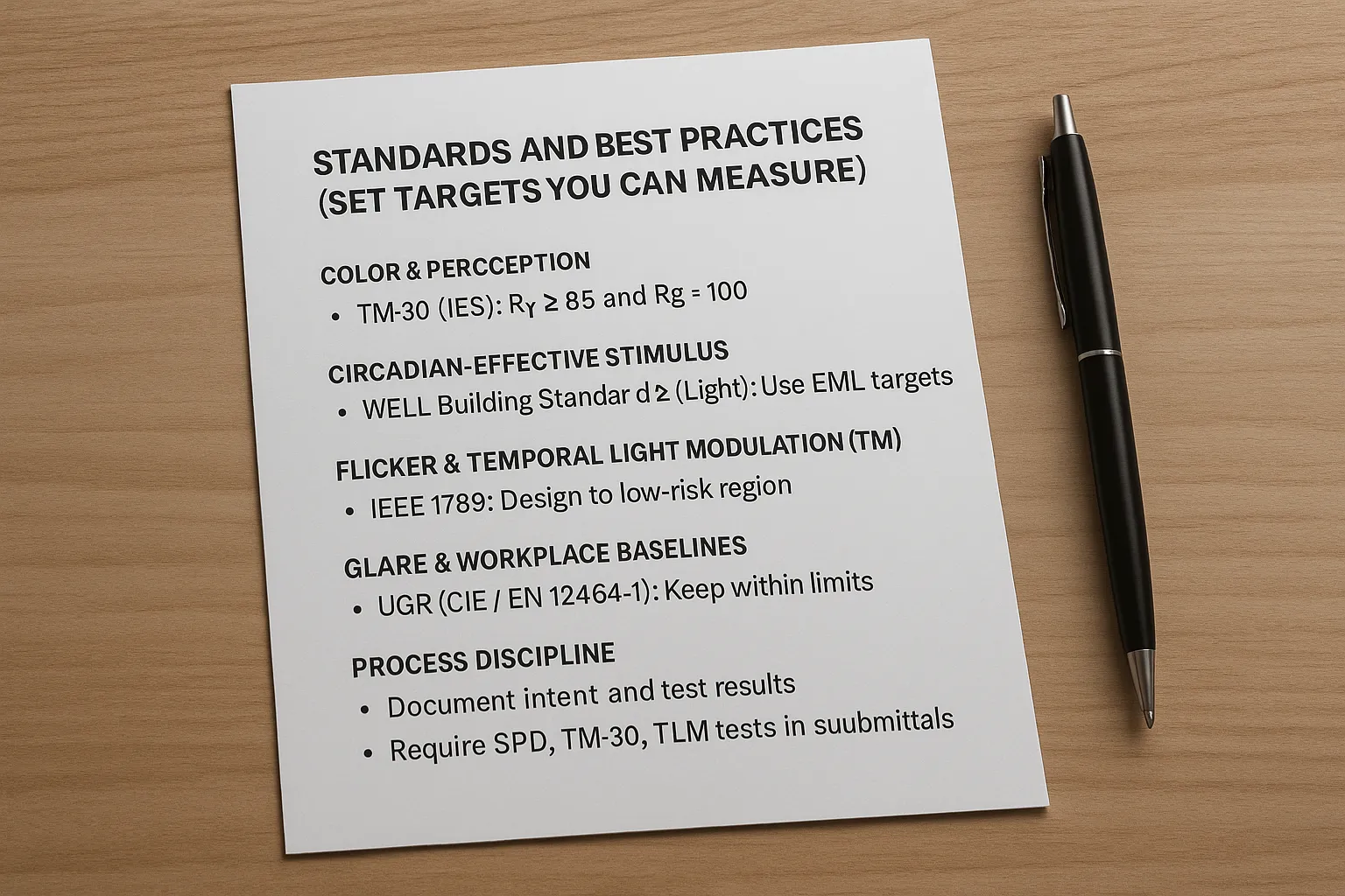 lighting standards reference sheet on wooden desk