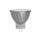 Foto de elevación frontal de un foco LED MR11 con conexión GU4, con carcasa de aluminio y factor de forma compacto de foco adecuado para gabinetes, vitrinas e iluminación de acento.