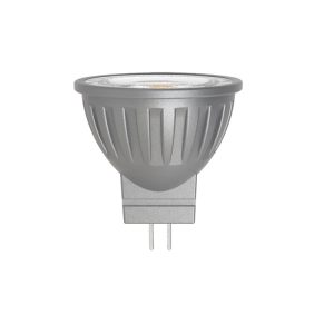 Front elevation photo of an MR11 LED spotlight with GU4 connection, featuring aluminum housing and compact spotlight form factor suitable for cabinets, showcases, and accent lighting.