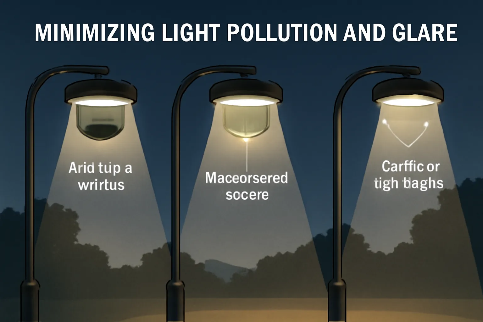 Three streetlights demonstrating different beam distributions to minimize glare and light pollution