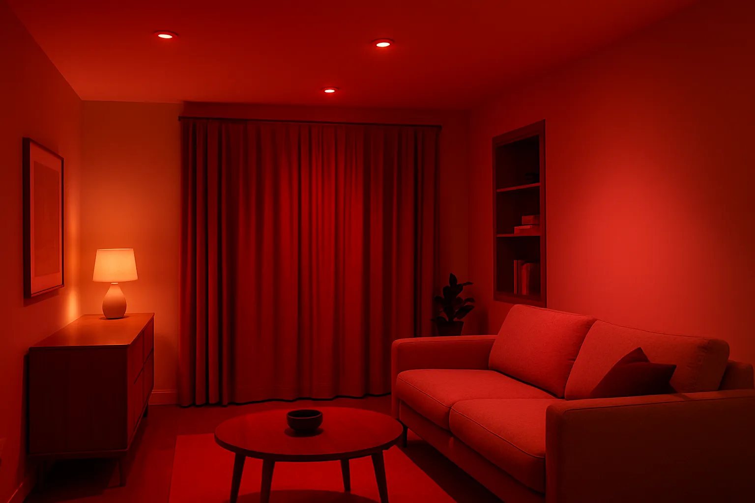 Modern living room lit by soft 1000K GU10 red ceiling spotlights, creating a calm sleep-friendly nighttime ambience.