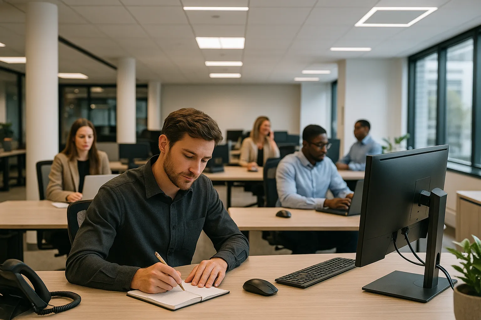 people working in open office with LED ceiling panels