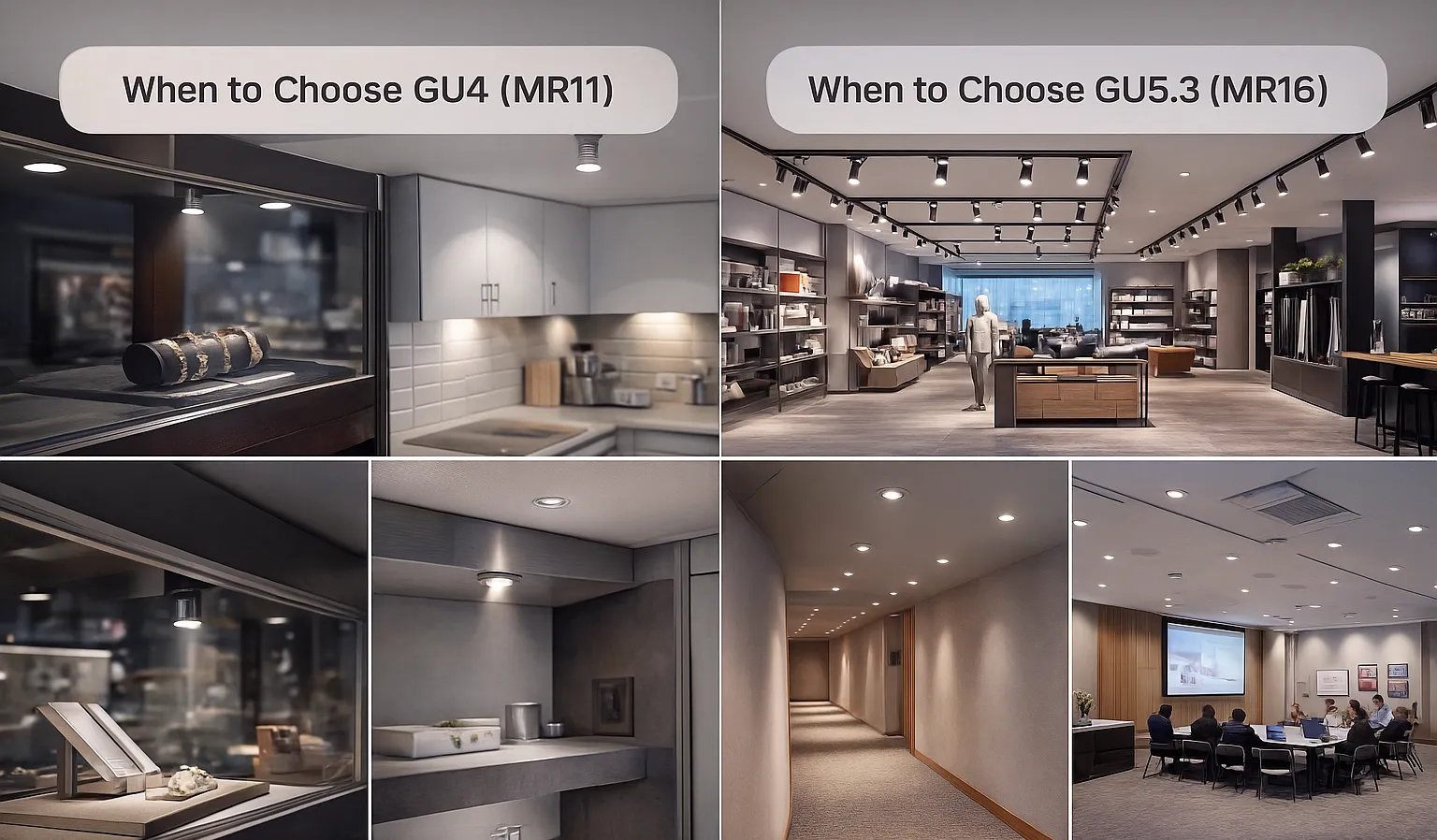 Comparison chart showing GU4 recommended for small display and close-range lighting, and GU5.3 recommended for ceiling, track, and commercial long-distance lighting, with real examples of a jewelry display and a retail store.
