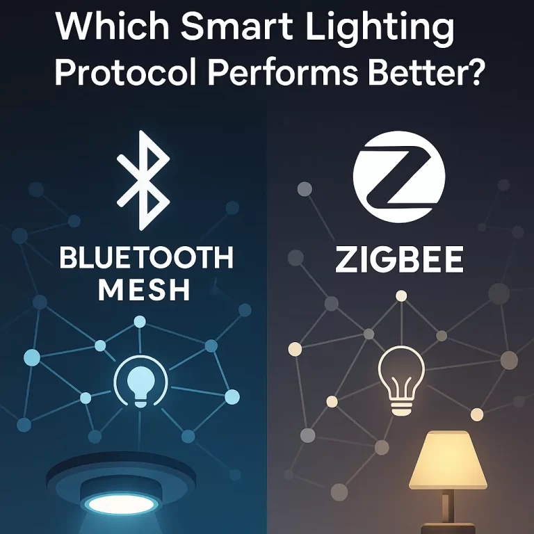 Comparison of Bluetooth Mesh and Zigbee smart lighting protocols with lamps and network nodes