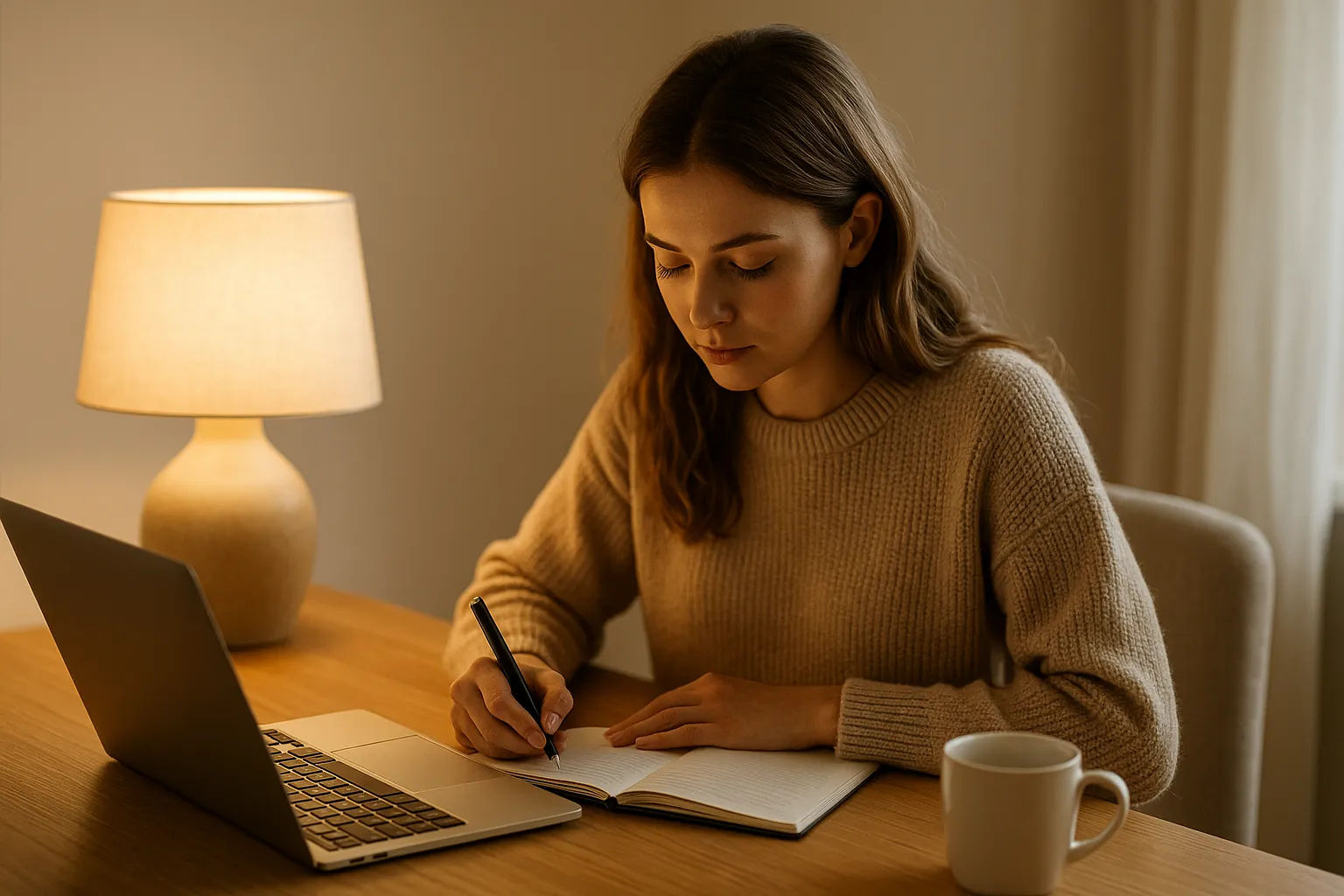 woman writing next to warm table lamp at home
